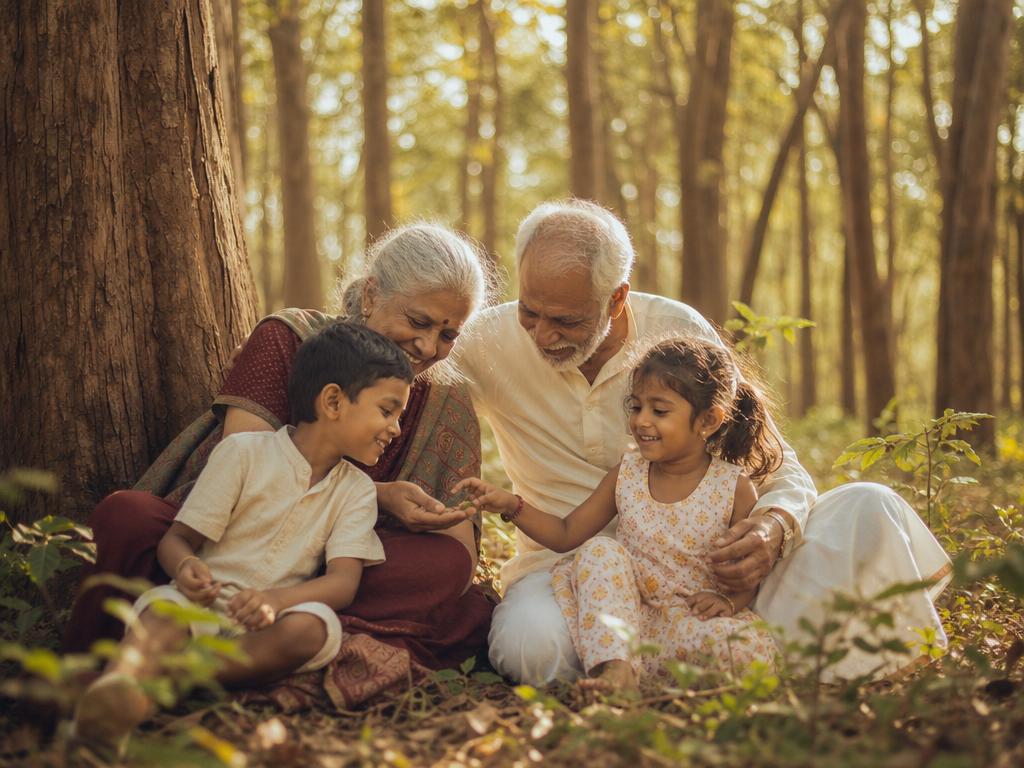 Grandparents sharing a joyful moment with grandchildren beneath a mature sandalwood tree