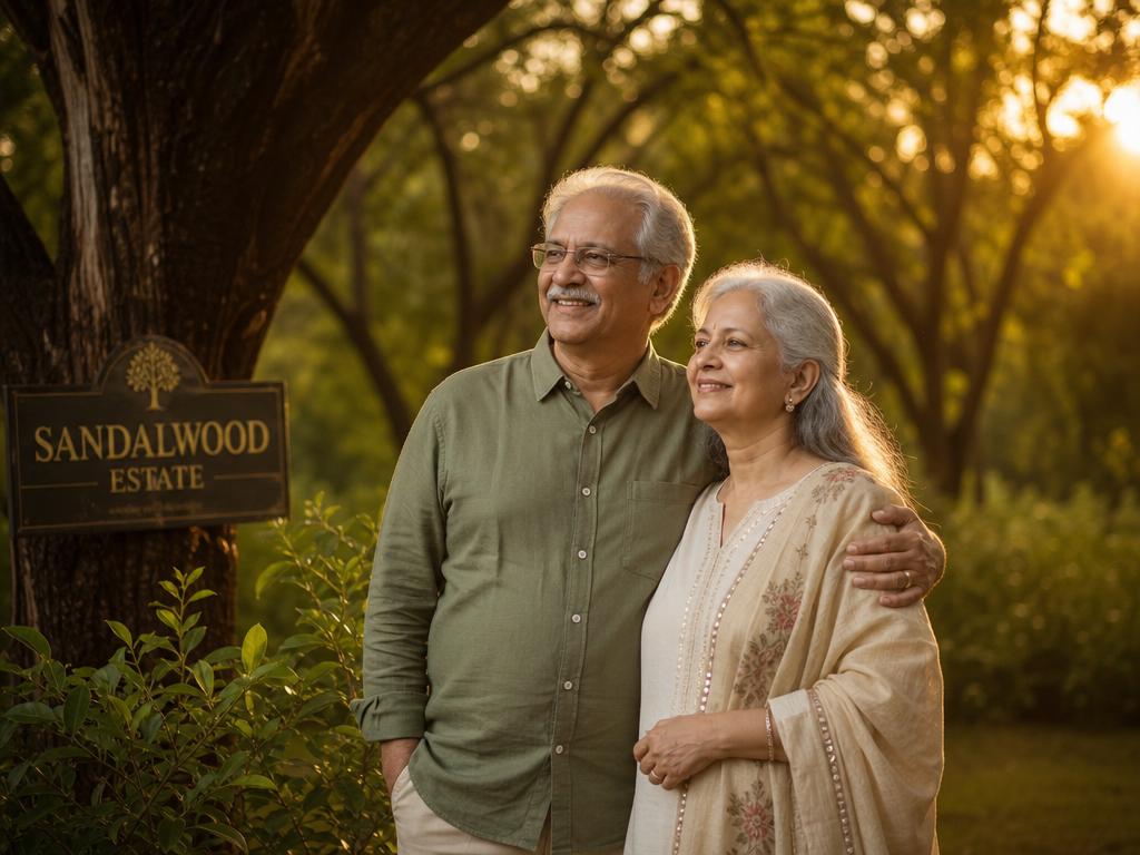 A serene retired couple enjoying their golden years in a thriving sandalwood grove