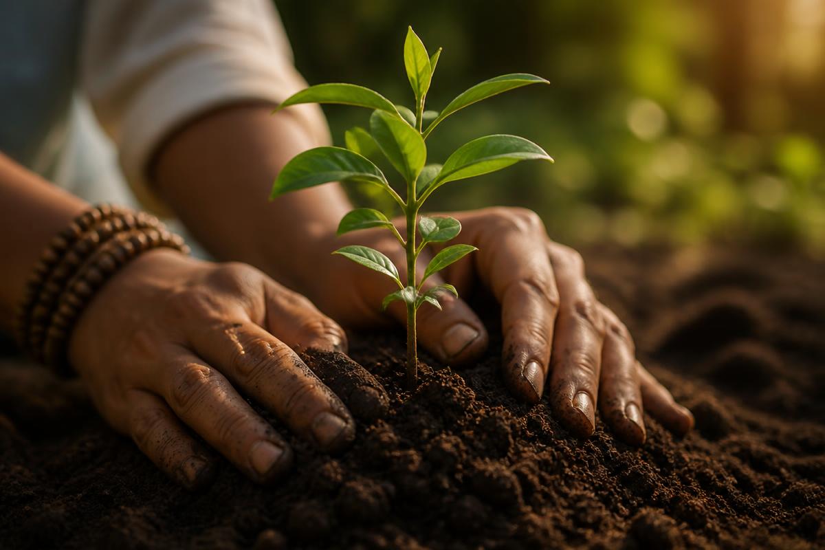 Hands planting a young sandalwood sapling